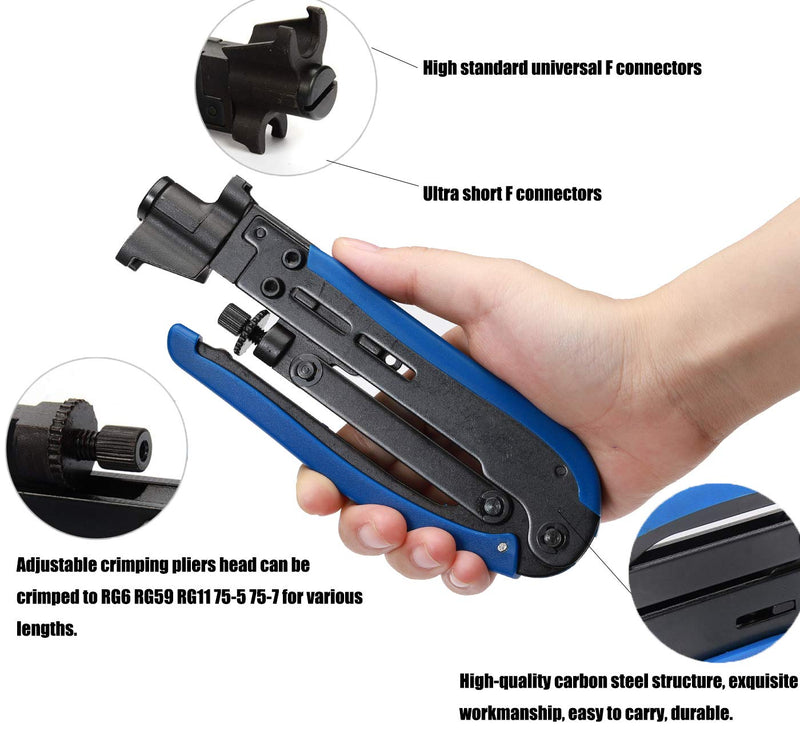  [AUSTRALIA] - Elibbren Coaxial Compression Tool,Coax Cable Crimper Kit Adjustable RG6 RG59 RG11 75-5 75-7 Coaxial Cable Stripper with 10 PCS F Compression Connectors - Blue