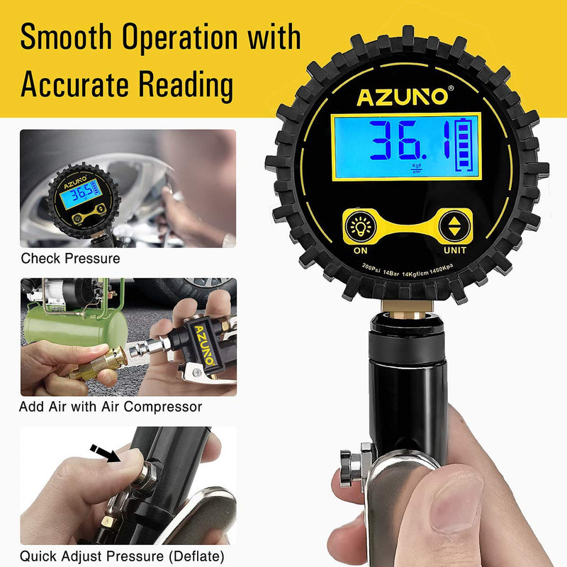 AZUNO Digital Tire Inflator with Pressure Gauge, 0.1 Resolution Tire Gauge, Heavy Duty Air Compressor Accessories 7pcs Great Gifts for Auto Mechanic 0.1 Res with flashlight & 4 Chucks - LeoForward Australia