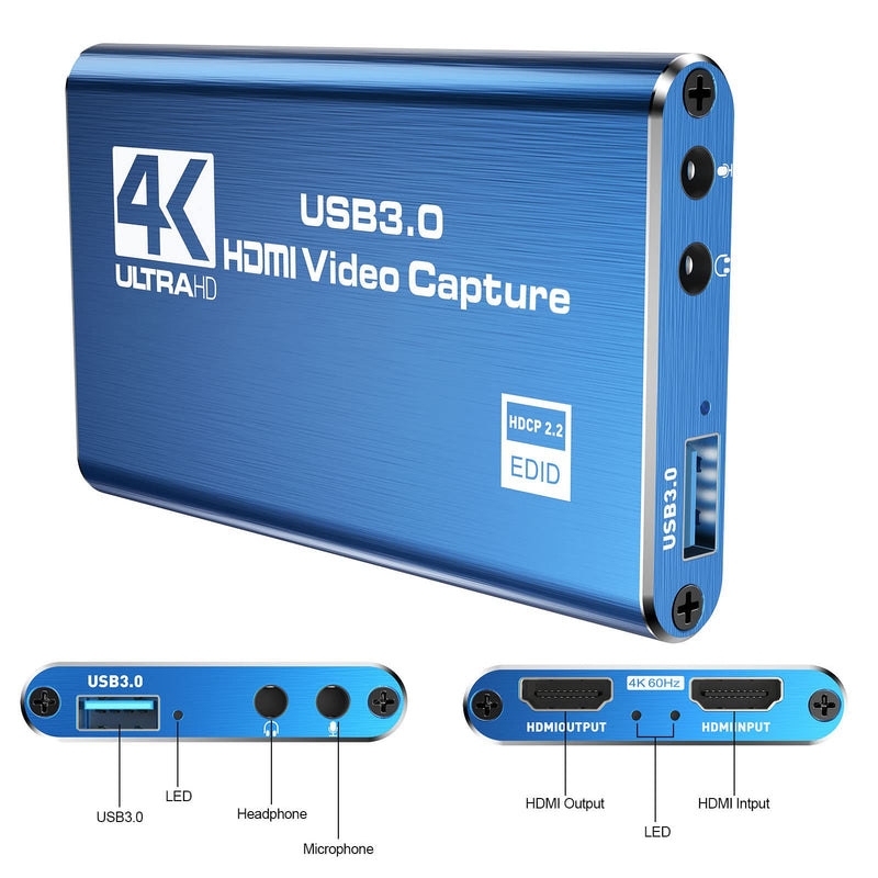  [AUSTRALIA] - 4K Audio Video Capture Card,USB 3.0 HDMI Video Capture Device,Video Capture Card 4K 1080P 60FPS,HDMI Capture Card Switch,Game Capture Card USB 3.0,for Living Streaming Broadcasting Video Recording Blue
