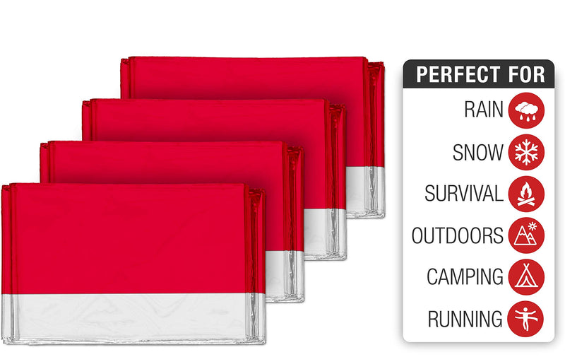  [AUSTRALIA] - Swiss Safe Emergency Mylar Thermal Blankets + Bonus Gold Foil Space Blanket. Designed for NASA, Outdoors, Survival, First Aid, Red, 4 Pack