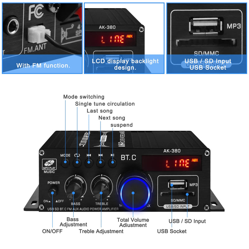  [AUSTRALIA] - Bluetooth 5.0 Audio Power Amplifier AK-380 400W+400W 2.0 CH HiFi Stereo Amp Receiver with USB,SD,AUX,Remote Control,FM Antenna for Car Home Speaker Car Bar Party-Without Adapter