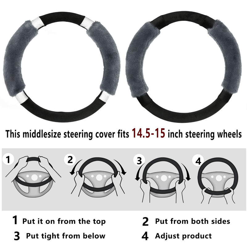  [AUSTRALIA] - Achiou Universal Steering Wheel Cover Winter, Luxurious Faux Wool and Bling Bling Rhinestone Fluffy Glam Vehicle Wheel Covers for Ladies, Women, Girls, 15 Inch Black and Gray