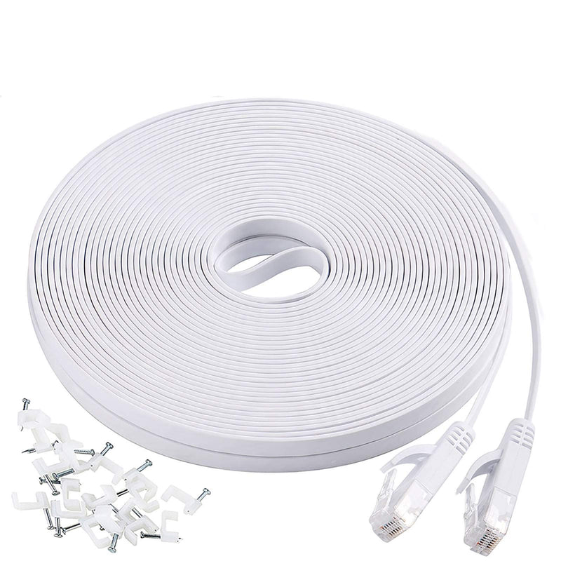  [AUSTRALIA] - Cat6 Ethernet Cable 50 ft with Clips, Flat Long Internet Network LAN Patch Cord, Solid High Speed Computer Wire with Snagless RJ45 Connectors for PS4, PS5, Laptop, Router, Modem, Switch, White 50FT