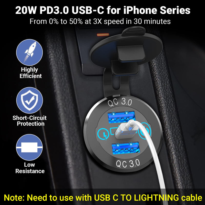  [AUSTRALIA] - 56W USB C Car Charger Socket, Ouffun Aluminum Metal 12V/24V Multiple USB Outlet PD 20W USB-C and Dual QC3.0 Ports with Power Switch Car USB Port 12V Socket for Car RV Boat Marine Truck Golf Motorcycle