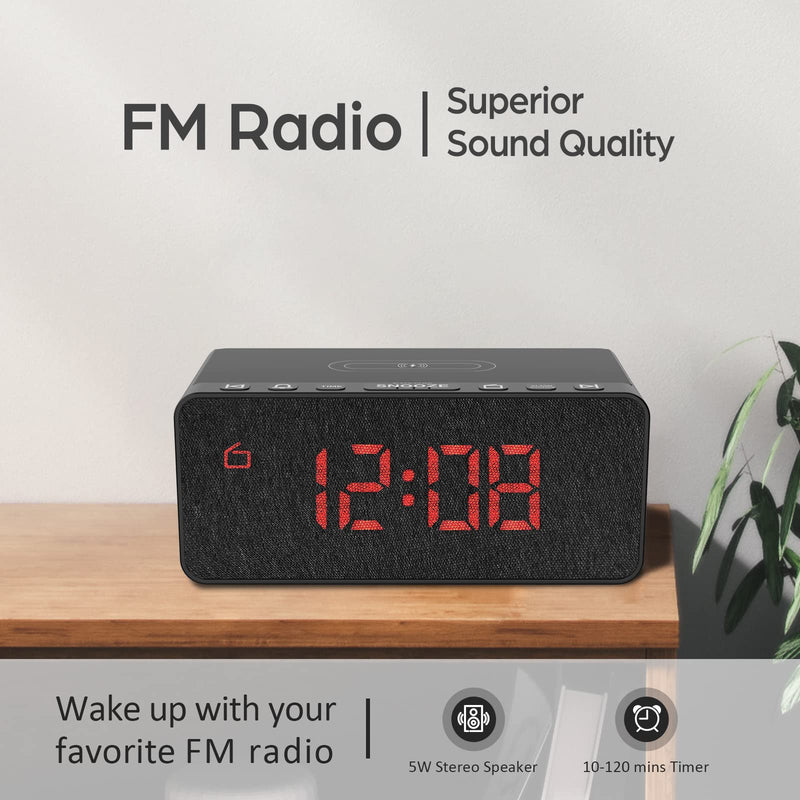  [AUSTRALIA] - Digital Alarm Clock FM Radio - 10W Fast Wireless Charger Station & USB Port - 5 Wake Up Sounds, Volume Control, Full Brightness Dimmer for Bedroom - BUFFBEE