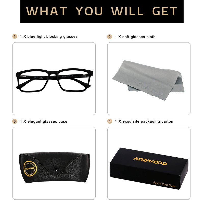 Blue Light Blocking Glasses Men Women Computer Filter Large Frame Bluelight Blocker Anti Blue Ray Lightweight ANDWOOD AR002 Black | Anti-blue Light Lens - LeoForward Australia
