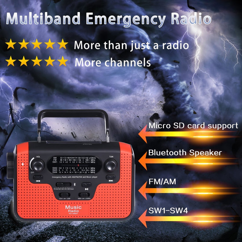Solar Hand Crank Emergency AM/FM/SW Radio, Bluetooth TF Card Speakers with Lights, LED Flashlight and Reading Camping Lamp, Battery Radio Portable and 2300mAh Power Bank Cell Phone Charger (red) red - LeoForward Australia