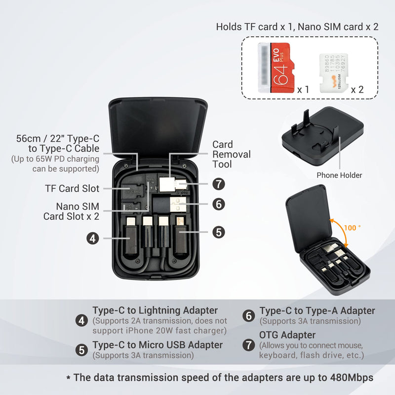  [AUSTRALIA] - Multi-Functional Compact Cable Card with 22" USB-C Cable & USB-A/Micro-USB/Light/OTG USB Adapter Kit Cable Convertor Storage Box for Traveling Phone Pad Charging PC Computer Data Transfer