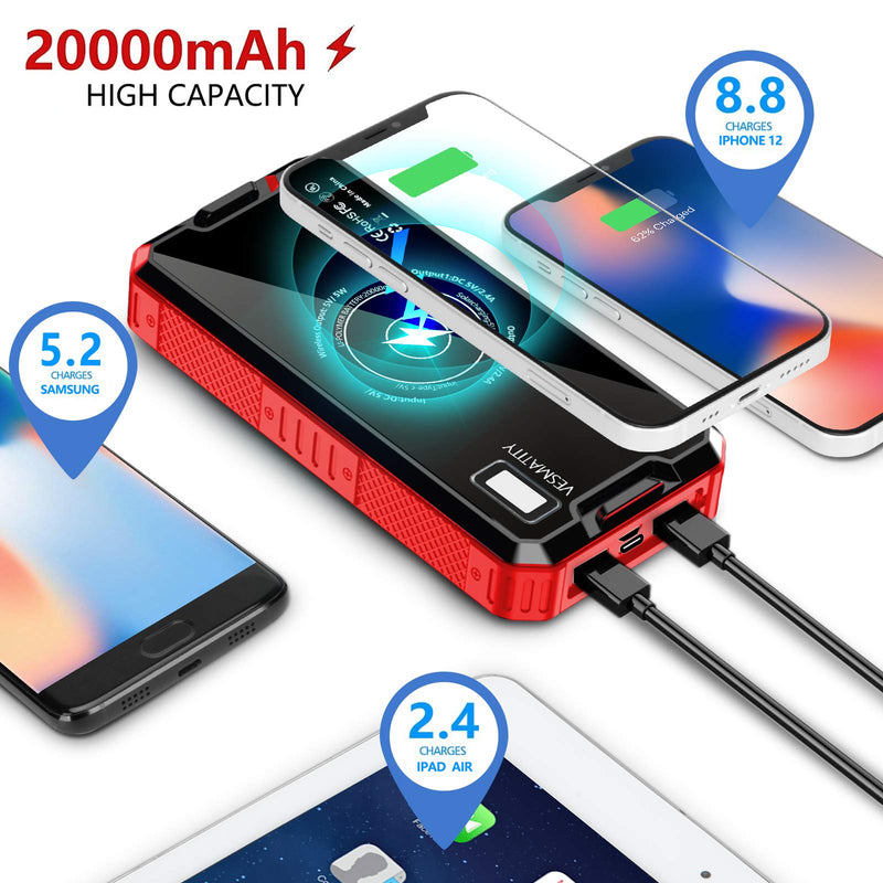 Wireless Solar Charger 20000mAh Power Bank, Vesmatity Portable Charger with 2 USB Outputs & LED Flashlight, Solar Charger External Battery Backup for Smart Phone, Tablet and Camping Outdoors (Red) Red - LeoForward Australia