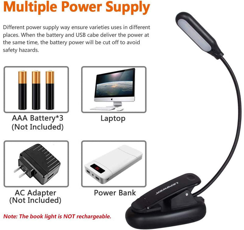  [AUSTRALIA] - LEPOWER Clip on Book Light/Reading Light/Clip Light with 5 LED Eye Care, 3 Color Changeable, Portable Reading Lamp, Battery & USB Operated, Bed Light for Kids, Bookworms, Students