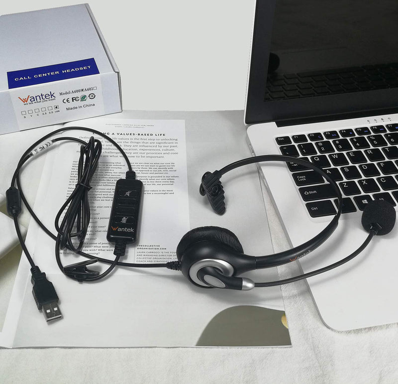  [AUSTRALIA] - Corded USB Headsets Mono with Noise Cancelling Mic and in-line Controls, Wantek UC Business Headset for Skype, SoftPhone, Call Center, Crystal Clear Chat, Super Lightweight, Ultra Comfort (UC600)