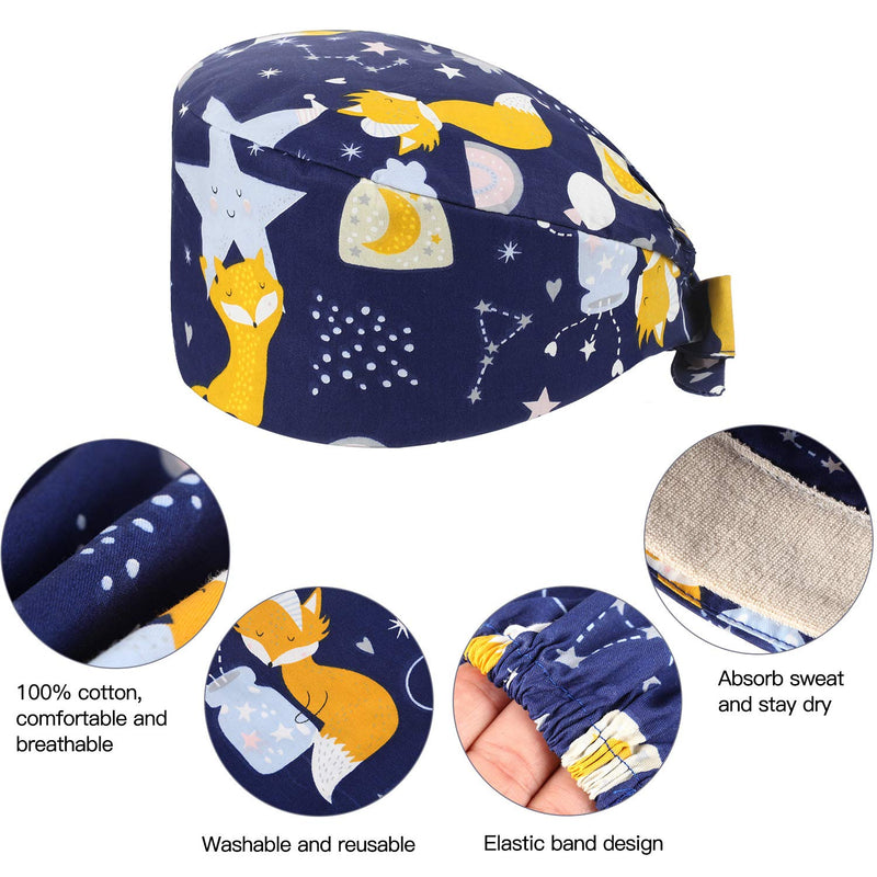  [AUSTRALIA] - SATINIOR 4 Pack Scrubbing Cap Printed Full Turban Hat Adjustable Full Hair Cover Unisex Doctor Cap with Sweatband for Beauty Worker Personal Care Needs