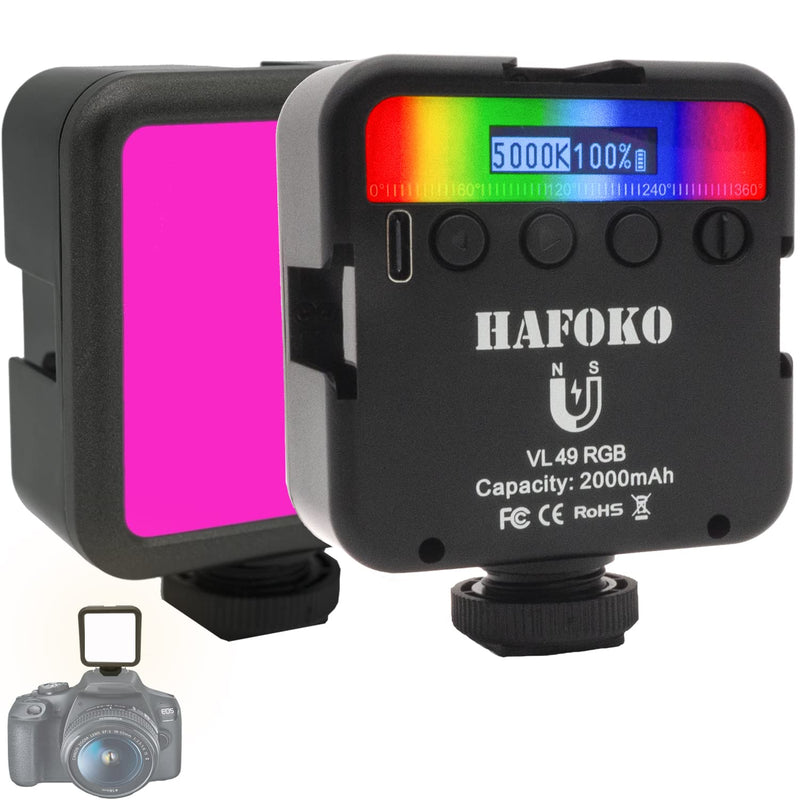  [AUSTRALIA] - HAFOKO VL49 Mini RGB Light on Camera Video Light Led Photography Color Vlog Lighting Dimmable w 3 Cold Shoe 1/4" Magnetic LCD Display 2000mAh 2500K-9000K Compatible with Smartphone Camera Vlogger