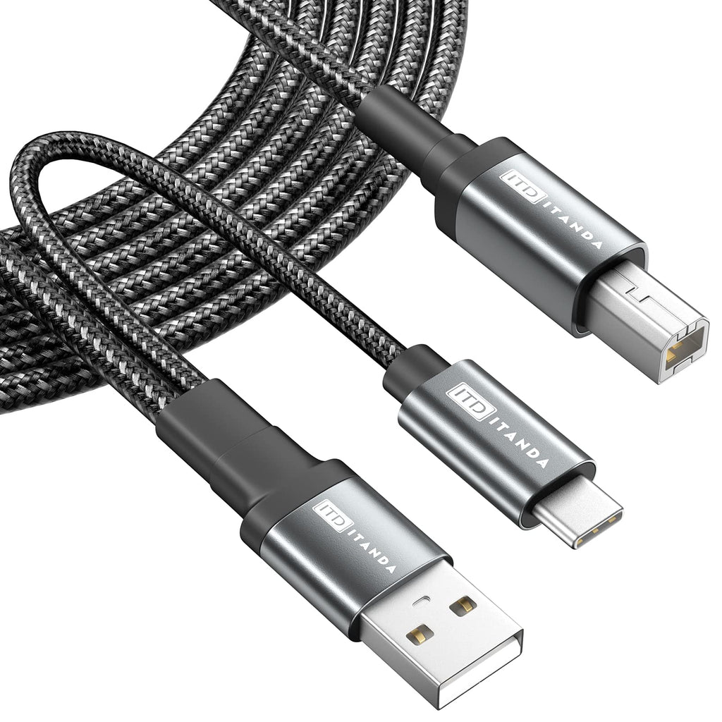  [AUSTRALIA] - ITD ITANDA Printer Cable，2 in 1 USB Printer Cable 6.6FT，USB 2.0 A Male to B Male Scanner Cord,USB Type C to MIDI Cable Printer Cable, Compatible with Musical Instruments, Pianos, Hp, Canon and More Grey
