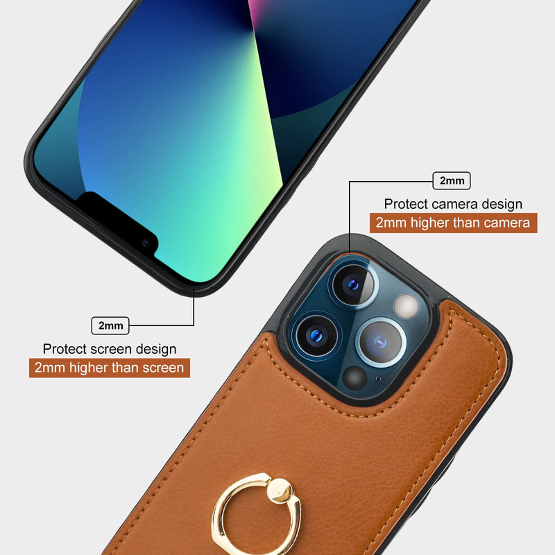  [AUSTRALIA] - Folosu Compatible with iPhone 13 Pro Case Wallet with Card Holder, 360°Rotation Finger Ring Holder Kickstand Protective RFID Blocking PU Leather Double Buttons Flip Shockproof Cover 6.1 Inch Brown