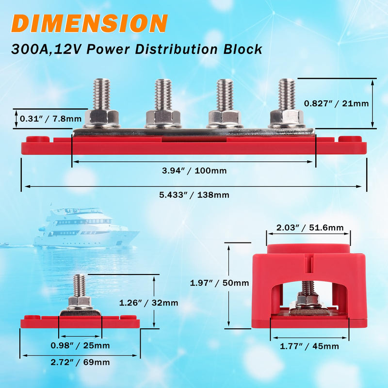  [AUSTRALIA] - 300A Heavy Duty Module Bus BAR, 12V 24V 48V DC Power Distribution Block with 4 x 5/16" (M8) Studs, Gift 12pcs Cable Lugs and 20pcs Heat Shrink Tubing - Marine Bus Bar (RED+) RED+