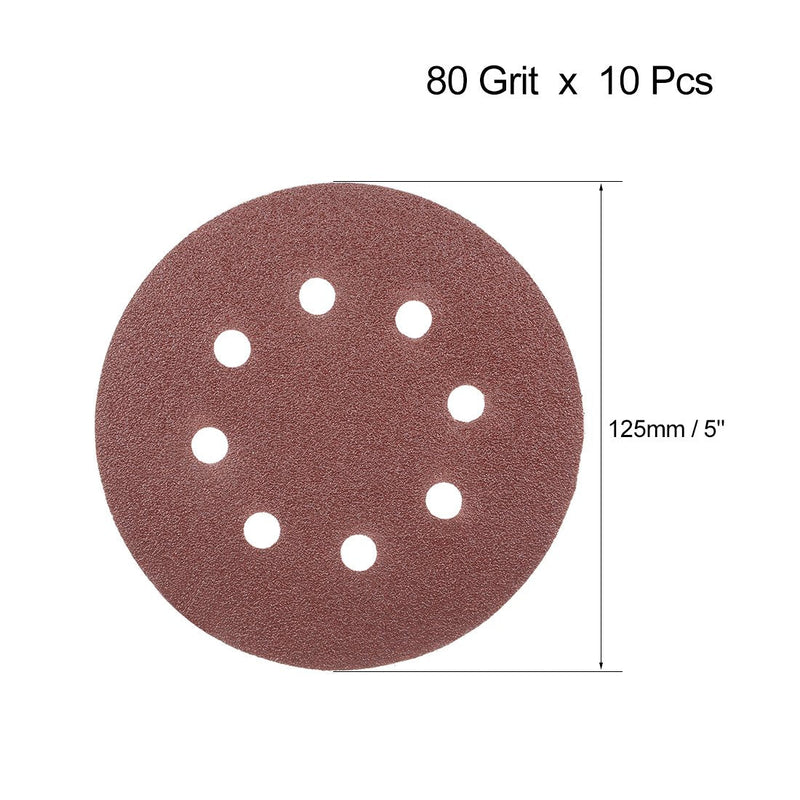  [AUSTRALIA] - uxcell 10Pcs 5 Inch 8 Hole Hook and Loop Sanding Disc 80 Grit Flocking Sandpaper Random Orbital Sander Paper