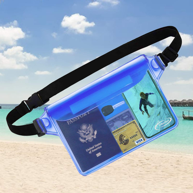  [AUSTRALIA] - AiRunTech Waterproof Pouch with Waist Strap (2 Pack) | Beach Accessories Best Way to Keep Your Phone and Valuables Safe and Dry | Perfect for Boating Swimming Snorkeling Kayaking Beach Pool Water Park Black + Blue