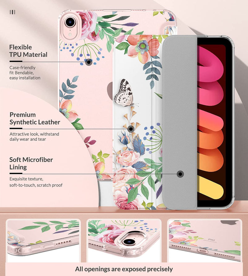  [AUSTRALIA] - MoKo Case Fit New iPad Mini 6 2021 (6th Generation 8.3 inch), Soft TPU Translucent Frosted Back Cover Slim Smart Shell Stand Folio Case for iPad Mini, Auto Wake/Sleep, Fragrant Flowers