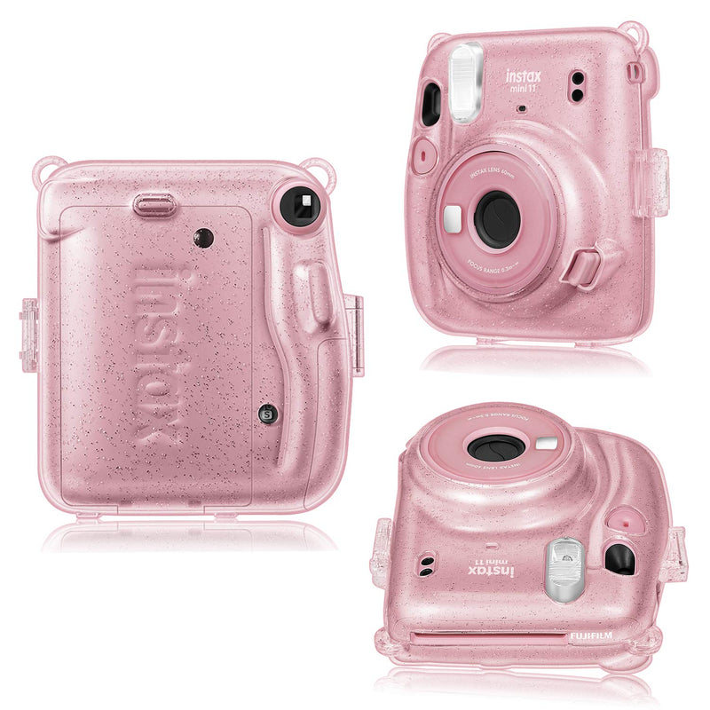  [AUSTRALIA] - Fintie Protective Clear Case for Fujifilm Instax Mini 11 Instant Film Camera - Crystal Hard Shell Cover with Removable Rainbow Shoulder Strap, Glittering Pink