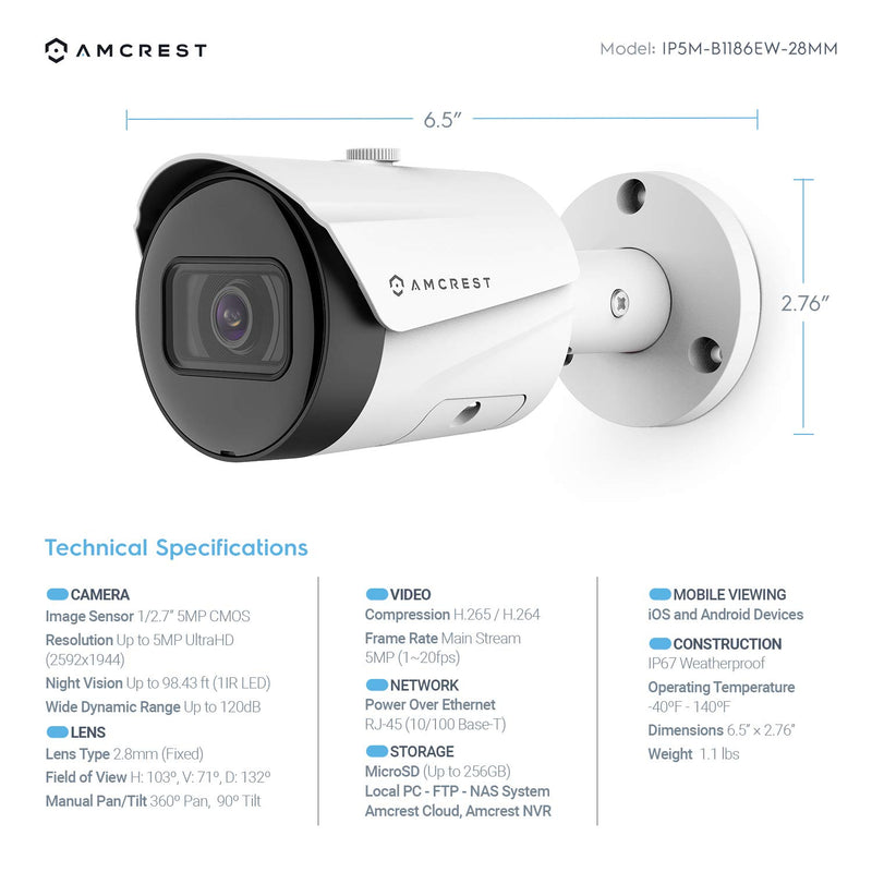 Amcrest UltraHD 5MP Outdoor POE Camera 2592 x 1944p Bullet IP Security Camera, Outdoor IP67 Waterproof, 103° Viewing Angle, 2.8mm Lens, 98.4ft Night Vision, 5-Megapixel, IP5M-B1186EW-28MM (White) White - LeoForward Australia