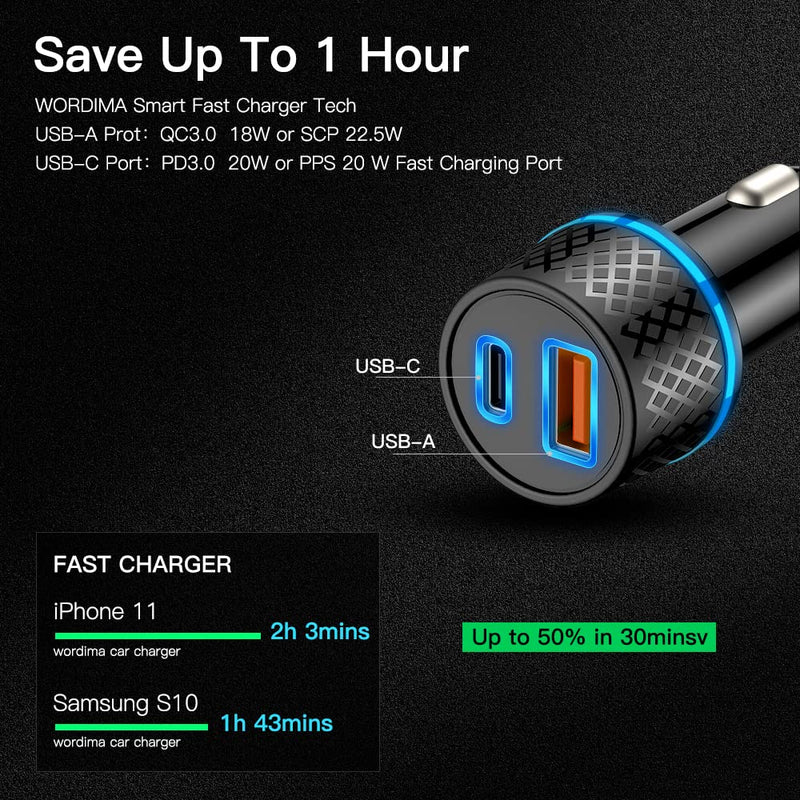  [AUSTRALIA] - USB Car Charger, WORDIMA USB C Car Charger PD20W/PPS20W & QC3.0 18W/SCP22.5W Car Adapter, Compatible with iPhone13 pro max/iPad Pro/Samsung/Google Pixel/Oneplus (Black)
