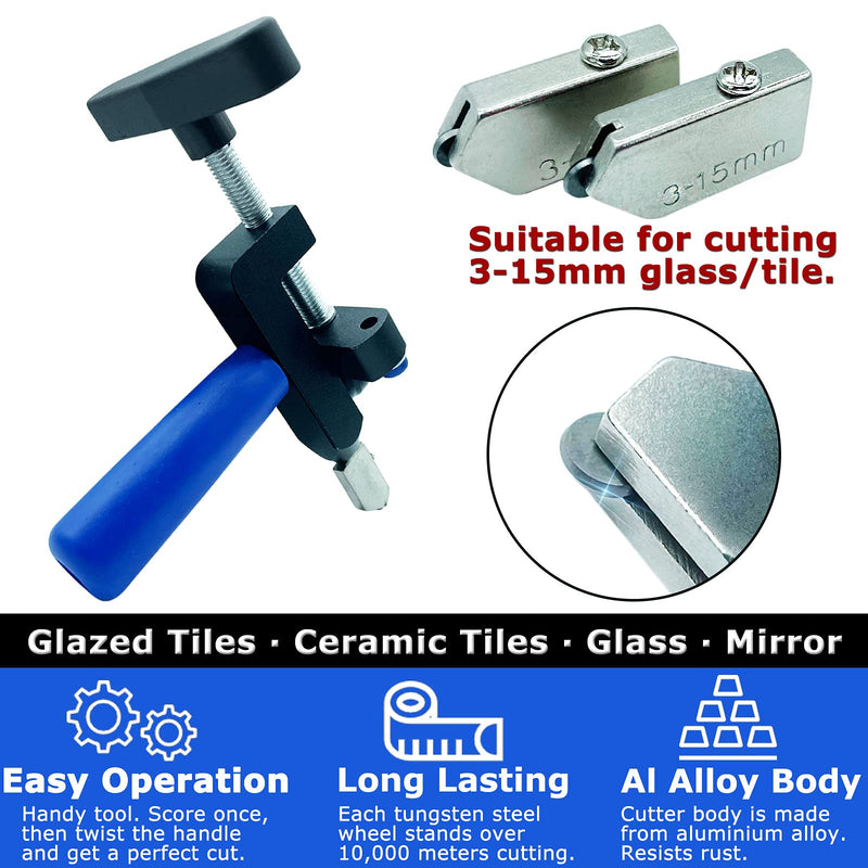  [AUSTRALIA] - Glass Cutter Hand Tool, Manual Tile Cutter, 2 in 1 Glass Cutting Tool with Glass Breaking Pliers, DIY Tool Kit, 3 Tungsten Steel Blades, 4 Tips, 1 Screwdriver, Black 2 in 1 tile&glass cutter black