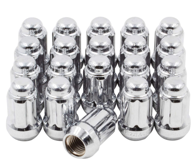 Wheel Accessories Parts Set of 20 1.38" Long Car Lug Nut Closed End Bulge Acorn Spline Lug Nuts Cone Seat Locking with Key (M12 x 1.50, Chrome) M12 x 1.50 - LeoForward Australia