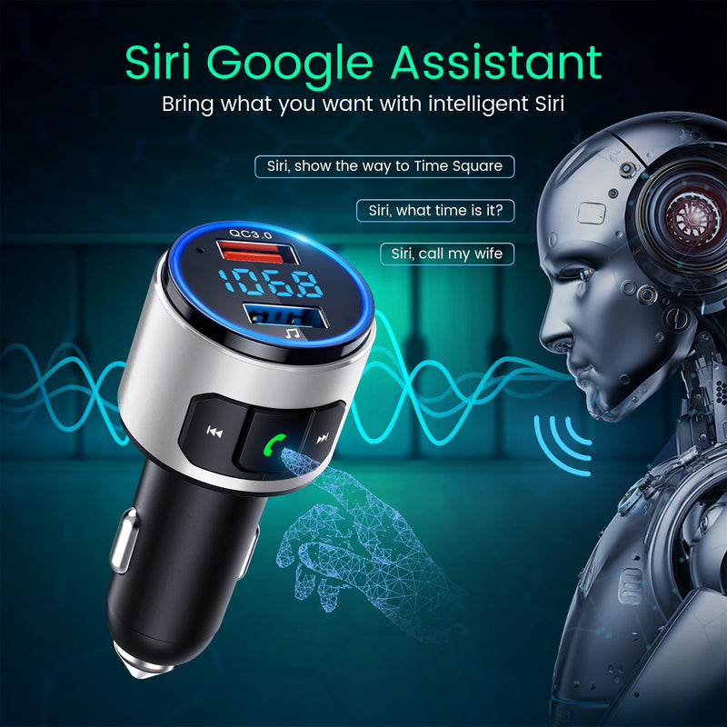  [AUSTRALIA] - Octeso Upgraded V5.0 FM Bluetooth Transmitter Car, QC3.0 & LED Backlit Wireless Bluetooth FM Radio Adapter Music Player/Car Kit with Hands-Free Calls, Siri Google Assistant-Silver Silver
