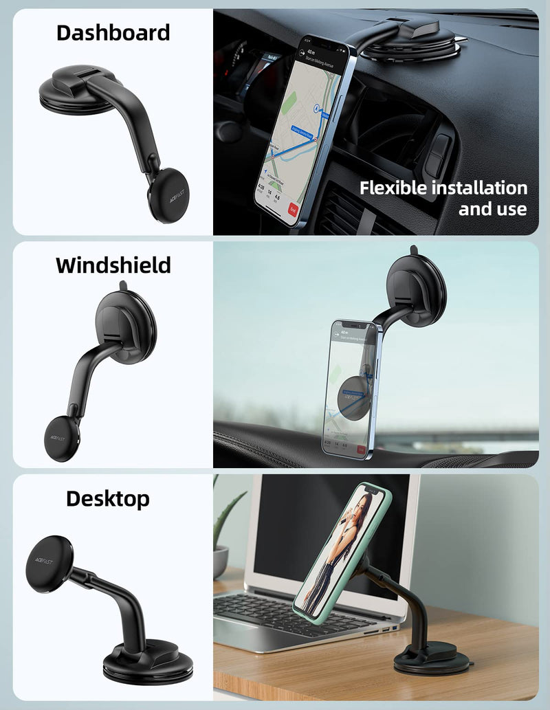  [AUSTRALIA] - ACEFAST Magnetic Phone Car Mount, Universal Phone Car Holder Low Installation Height Built-in Four N52 Super Strong Magnets Large Sticky Base Suction Cup Dashboard Windshield Flexible Installation