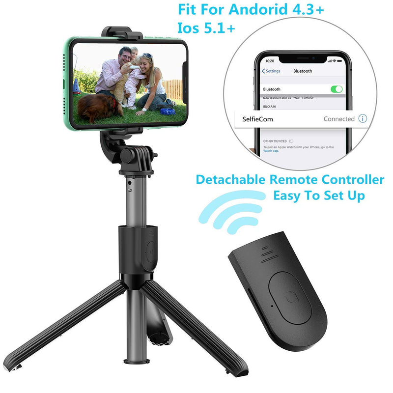  [AUSTRALIA] - Selfie Stick Tripod with Removable Wireless Bluetooth Remote Shutter Compatible,Lightweight Extendable Aluminum Pocket Selfie Stick for iPhone 11/XR/X/8/8P/7/7P Android Phone，Gopro,Webcam and Camera 32.3" Black