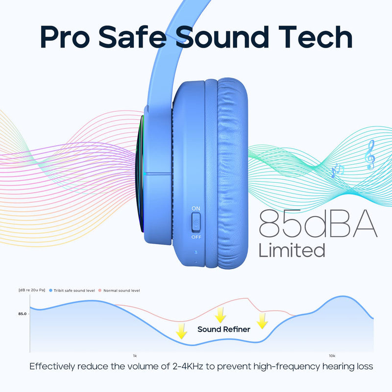  [AUSTRALIA] - Kids Bluetooth Headphones with RGB Lights, Tribit Starlet02 Safe Sound Tech+ 85dBA Volume Limited, 54H Playtime & HiFi Stereo, Built-in Mic, Over Ear Kids Wireless Headphones for iPad/School/Tablet