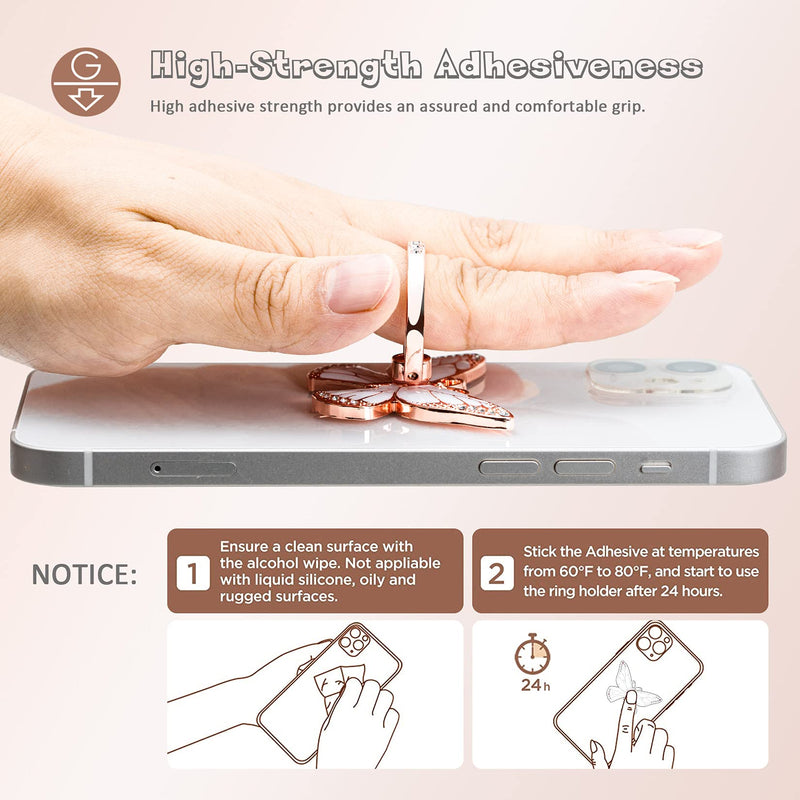  [AUSTRALIA] - Butterfly Cell Phone Ring Holder, 360°Rotation Metal Finger Stand Kickstand, Universal Compatible with iPhone Samsung Galaxy LG Google Pixel iPad, Rhinestones and Enamel Process Butterfly Rose Gold