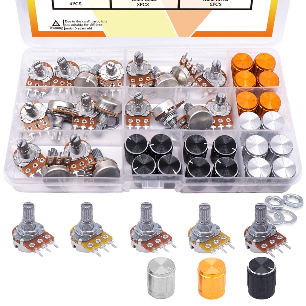  [AUSTRALIA] - Taiss 60PCS Potentiometer Kit B5K 10K 20K 50K 100K Ohm Linear Taper Rotary Audio B Type Potentiometer with Nuts, Washers and 3 Different Colors of Aluminum Alloy knobs F029