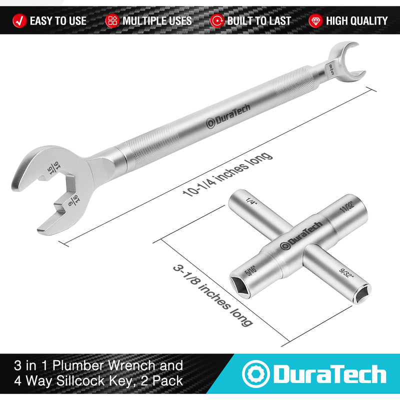 DURATECH 3-in-1 Plumber wrench & 4 Way Sillcock Key, 2-Pack, for Valve, Faucet nuts, and Spigots - LeoForward Australia