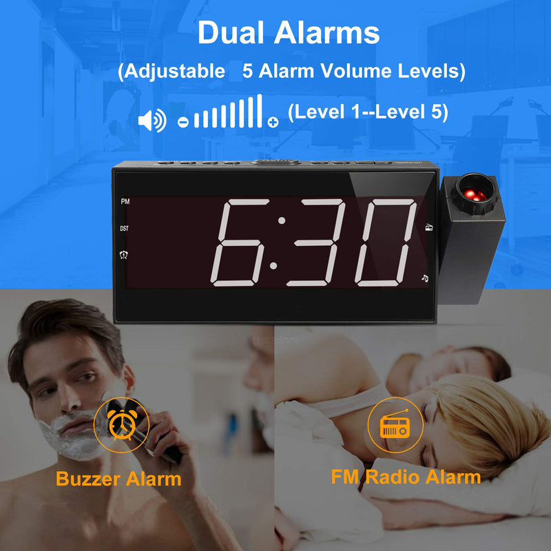  [AUSTRALIA] - Projection Alarm Clock Radio for Bedrooms,Wall Ceiling Clock with FM Radio,180° Projector,7" Large Display & 5 Dimmer,Buzzer/Radio