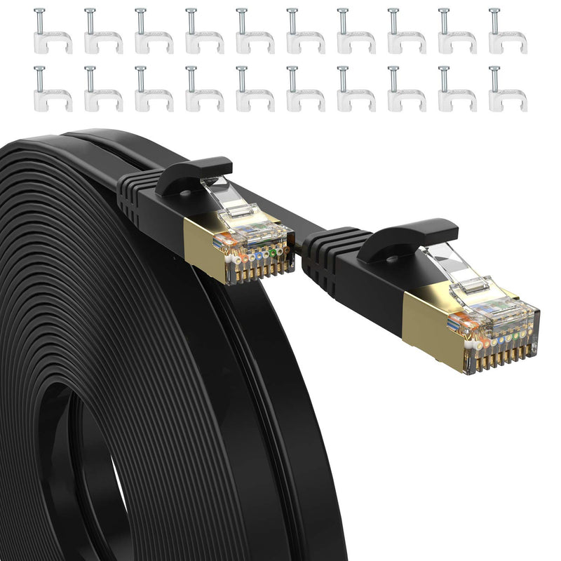  [AUSTRALIA] - Flat Cat7 Ethernet Cable SHD Network Patch Cable with 20pcs Cable Clips FTP/STP LAN Cable Computer Patch Cord-25 Feet 25FT 1PK