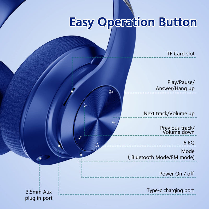  [AUSTRALIA] - Bluetooth Headphones Over-Ear, 60 Hours Playtime Foldable Lightweight Wireless Headphones Hi-Fi Stereo with 6 EQ Modes, Bass Adjustable Headset with Built-in HD Mic, FM, SD/TF for PC/Home Blue