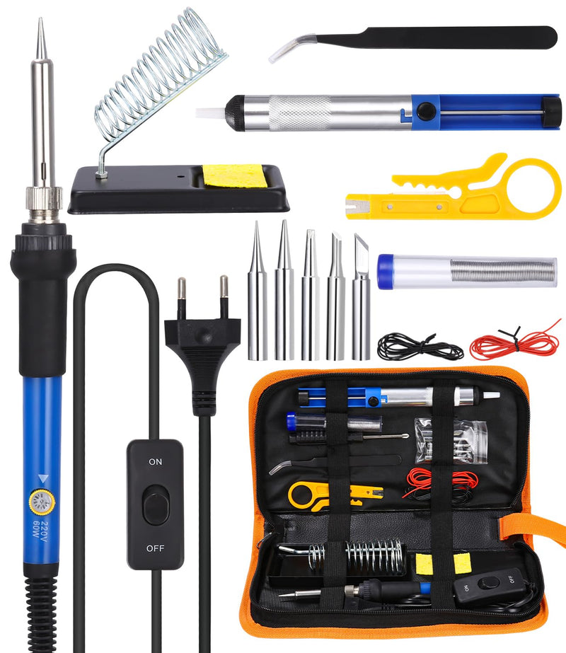  [AUSTRALIA] - Zawaer soldering iron set, soldering iron 16 in 1 soldering set 60W soldering station with temperature adjustable 200-450°C, 5 soldering tips, desoldering pump, solder, tweezers, soldering set for electrical work and household use.