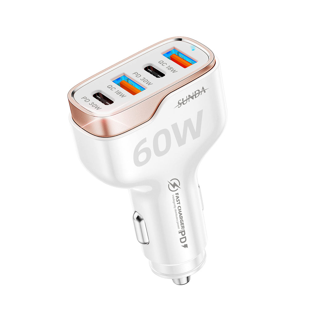  [AUSTRALIA] - SUNDA 60W USB C Fast Car Charger, 4-Ports Car Charger Adapter, Dual Type C PD30W/PPS30W Compatible with iPhone14/13 Pro/Max/iPhone12/iPad Pro/Galaxy/SamsungS23, Dual USB-A 18W QC3.0 for Android CC53-2A2C