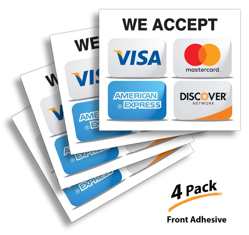  [AUSTRALIA] - Credit Card Sticker Signs Stickers – 4 Pack 7”x 6” Inch - We Accept Visa, MasterCard, Amex & Discover, Premium Front Adhesive Vinyl to Apply Inside The Window or Glass Door for Stores Business