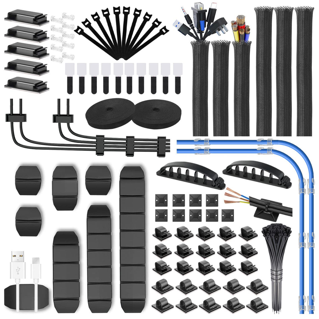 [AUSTRALIA] - 188 Pcs Cord Management with Cable Sleeves,Cable Holders,Zip Tie Mounts,Self Adhesive Rolls,Fastening Tapes and Zip Ties,Cable Management Kit for Organizing Desk,TV,Car and Office