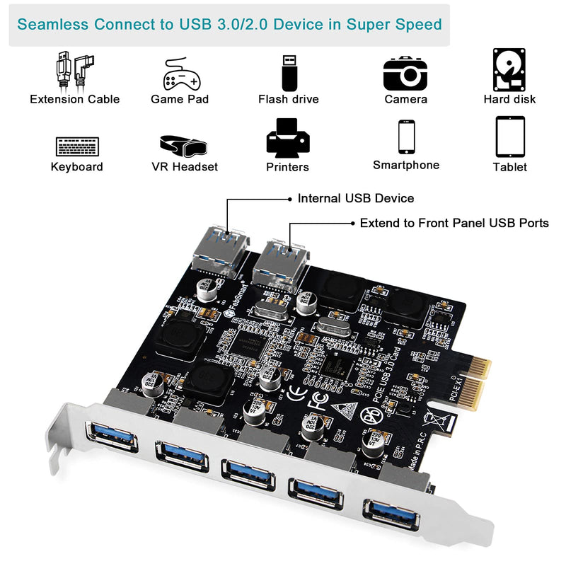  [AUSTRALIA] - FebSmart 7-Ports USB 3.0 Superspeed 5Gbps PCI Express (PCIe) Expansion Card for Windows Server, XP, Vista, 7, 8.x, 10 PCs-Build in Self-Powered Technology-No Need Additional Power Supply (FS-U7-Pro) Matte Black