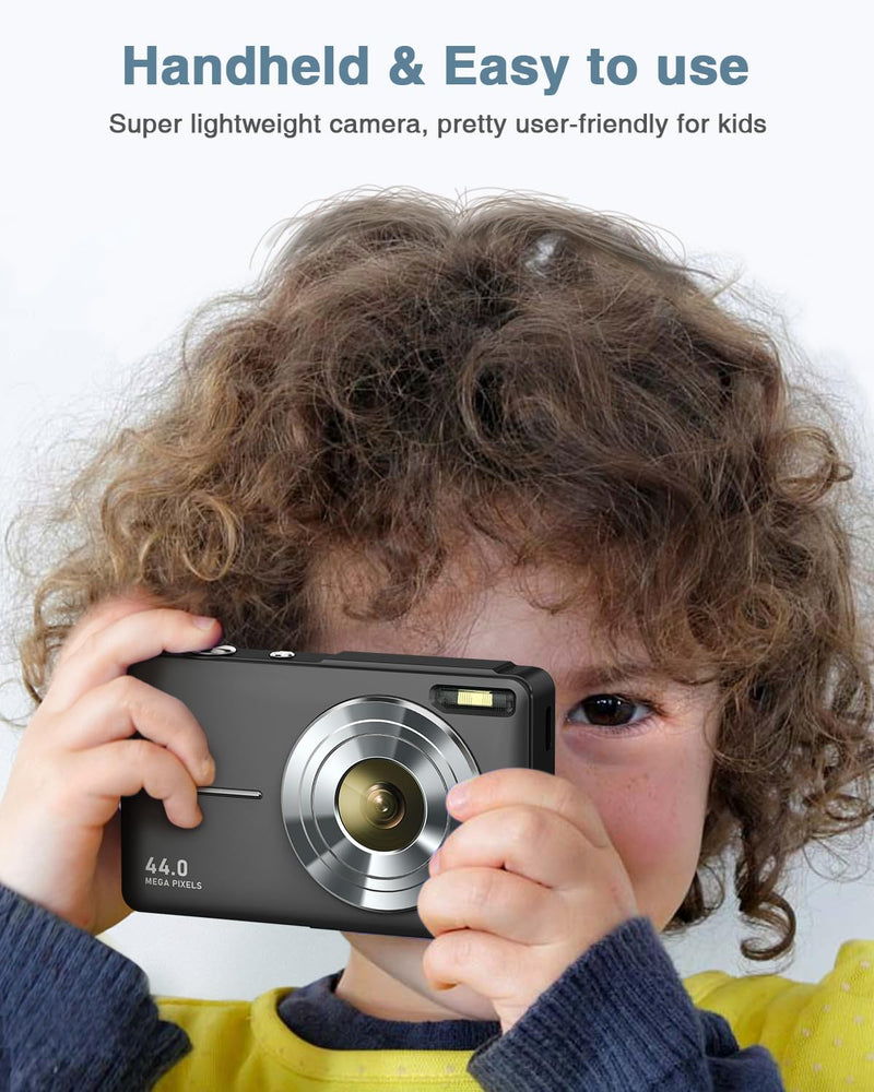  [AUSTRALIA] - Digital Camera, FHD 1080P Kids Camera with 32GB Card, 2 Batteries, Lanyard, 16X Zoom Anti Shake, 44MP Compact Portable Small Point and Shoot Cameras Gift for Kid Student Children Teens Girl Boy(Black) Black