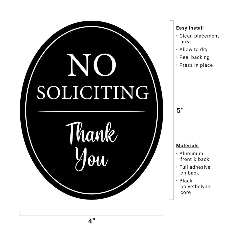  [AUSTRALIA] - All Hung Up 4" x 5" Aluminum Oval Classy Quality Sign: Full adhesive sticker back | Outdoor or indoor use - Front door, window, house, home, business, office | No Soliciting Thank You | Black metal