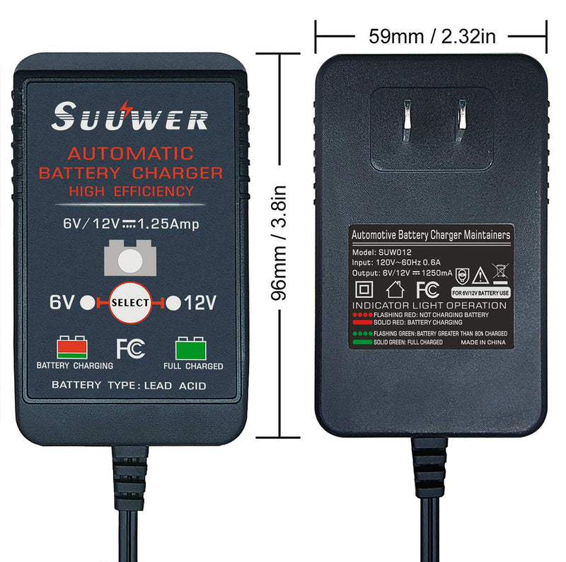  [AUSTRALIA] - Suuwer SUW012, 1.25-Amp Fully-Automatic Smart Trickle Charger, 6V and 12V Battery Charger, Battery Maintainer, for Sealed Maintenace Free AGM, SLA, AGM, Gel Cell, iGel, LTV, Lead Acid Battery 1.25A 6V/12V