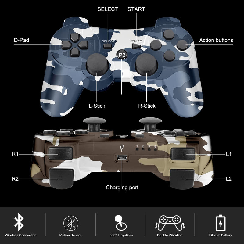  [AUSTRALIA] - PS3 Controller Wireless 2 Pack, Upgraded Joystick Controller for PS3 with Double Shock, Motion Control (Camo Brown and Camo Blue)