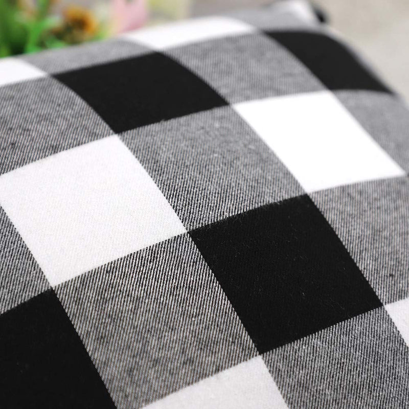  [AUSTRALIA] - 4TH Emotion Set of 2 Fall Farmhouse Buffalo Check Plaid Throw Pillow Covers with Pompoms Cushion Case Cotton Polyester for Sofa Black and White, 12 x 20 Inches 12" x 20" Black & White