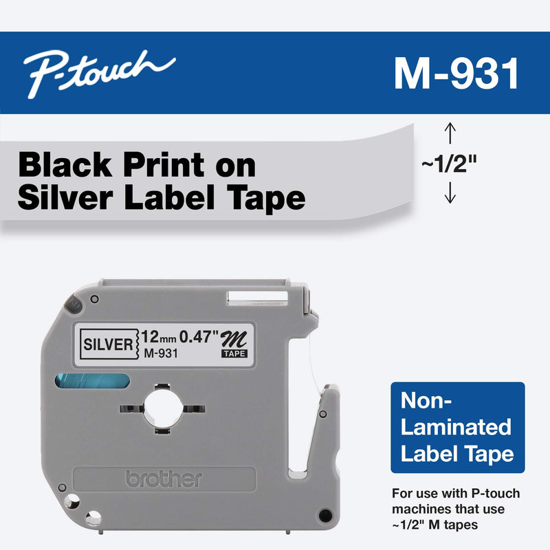  [AUSTRALIA] - Brother Genuine P-touch M-931 Tape, 1/2" (0.47") Wide Standard Non-Laminated Tape, Black on Silver, Recommended for Home and Indoor Use, 0.47" x 26.2' (12mm x 8M), Single-Pack, M931