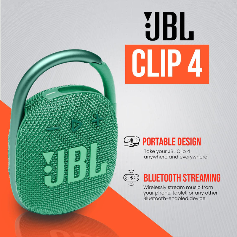  [AUSTRALIA] - Boomph Sound Pack: JBL Clip 4 Portable Bluetooth Wireless Speaker with IP67 Waterproof, Dustproof, Carabiner Clip, Built-in Battery | 10 Hour Play Time of Rich Audio and Punchy Bass | Eco Green